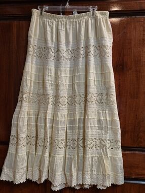 Women's Cream Crochet Panel Tiered Skirt - Lightweight Boho Style